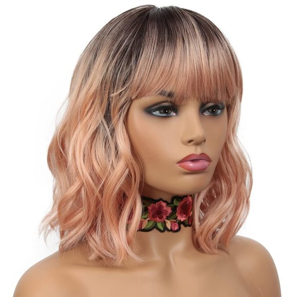 Accessories - 12" Dusty Rose ombre Wavy Bob Wig with Bangs | Rosie